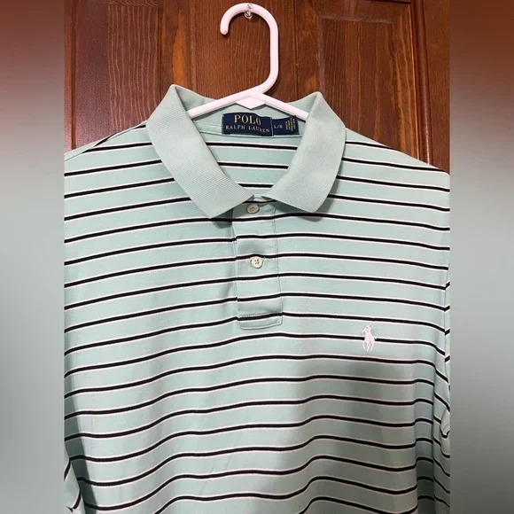 Ralph Lauren Polo Shirt Men's Large Blue Stripes White Pony Preppy - Picture 2 of 7